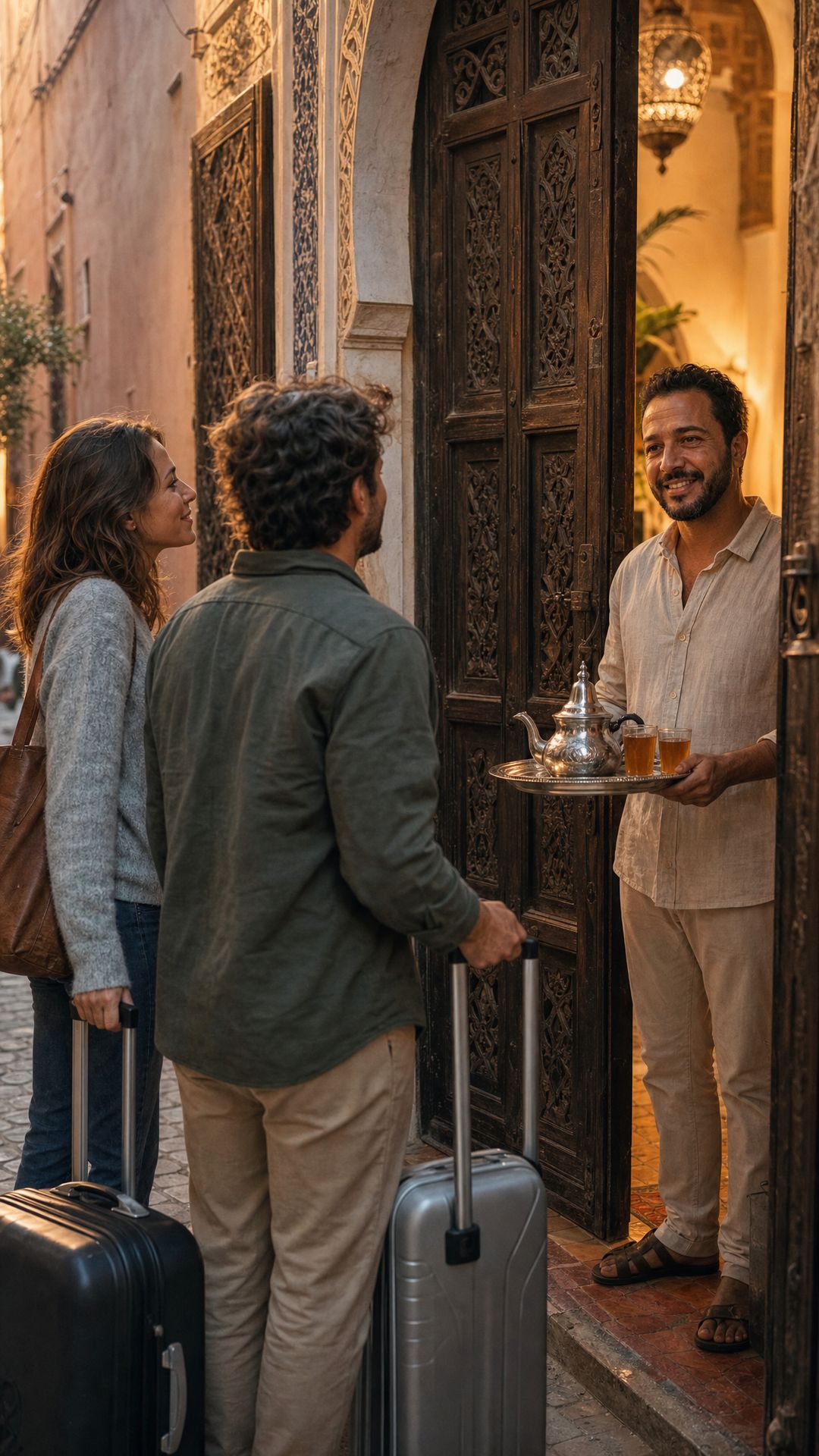 Un hôte accueille un couple et leurs valises devant la porte sculptée d'un riad, un plateau de thé à la main