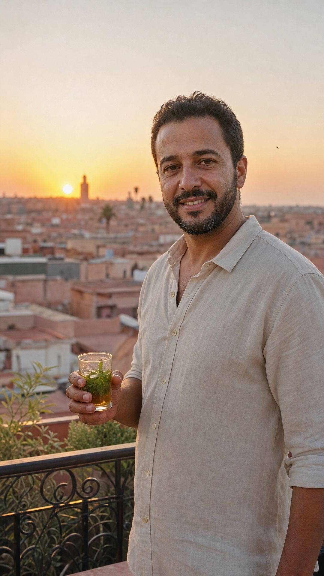 Propriétaire de riad souriant, un verre de thé à la menthe à la main, sur une terrasse au coucher du soleil